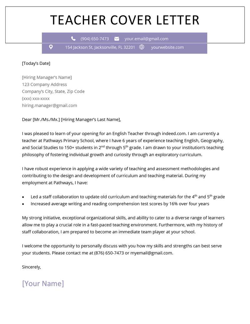 free teacher cover letter template