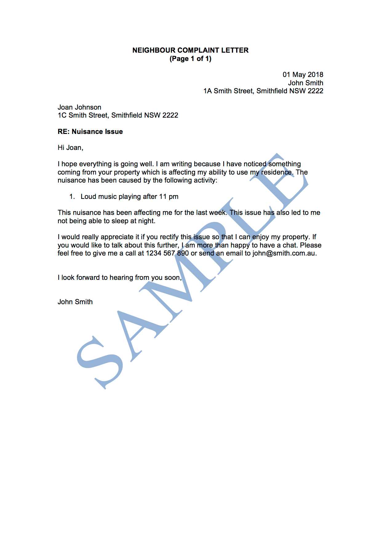 noise complaint letter to council template