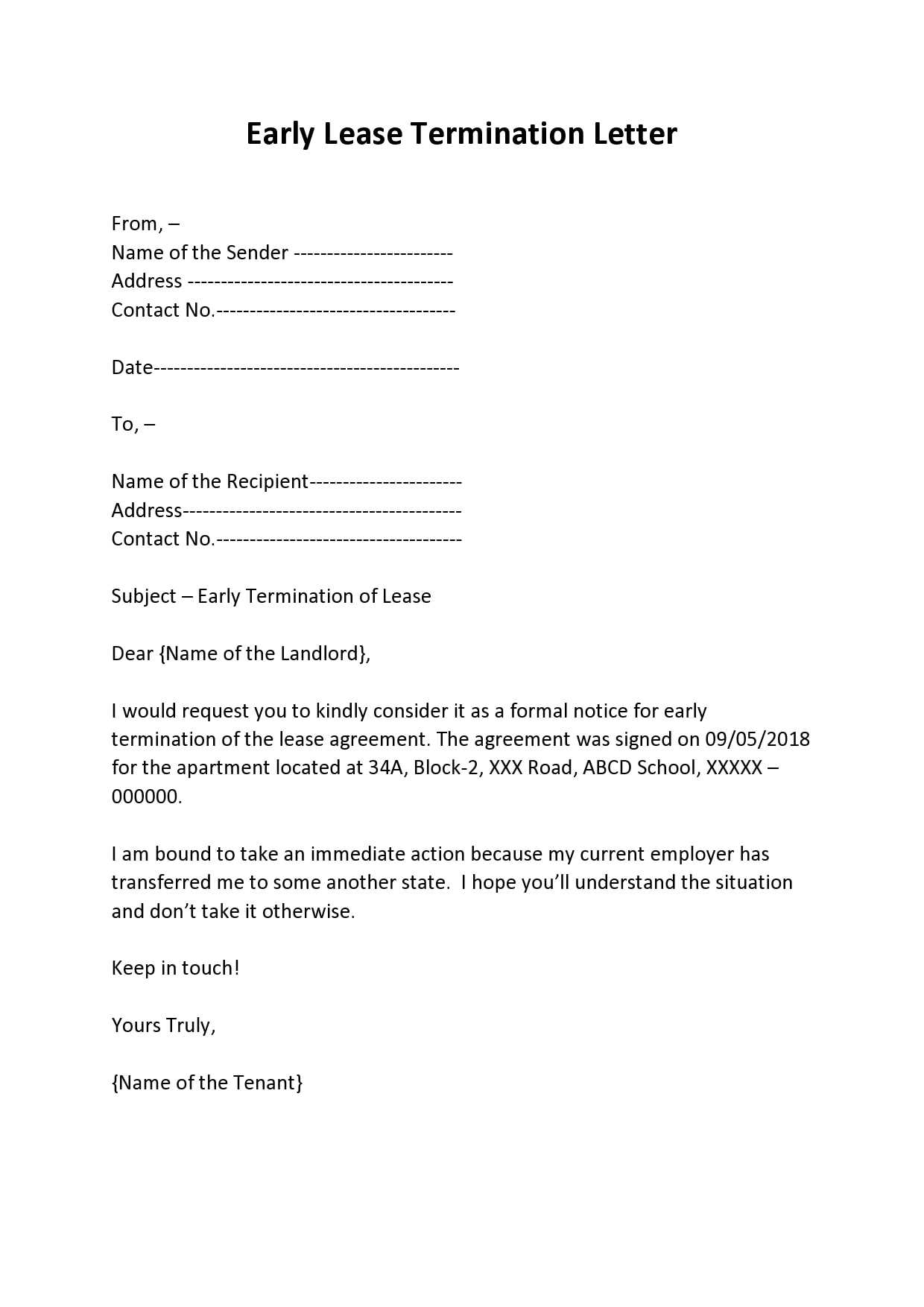 early lease termination letter to landlord template