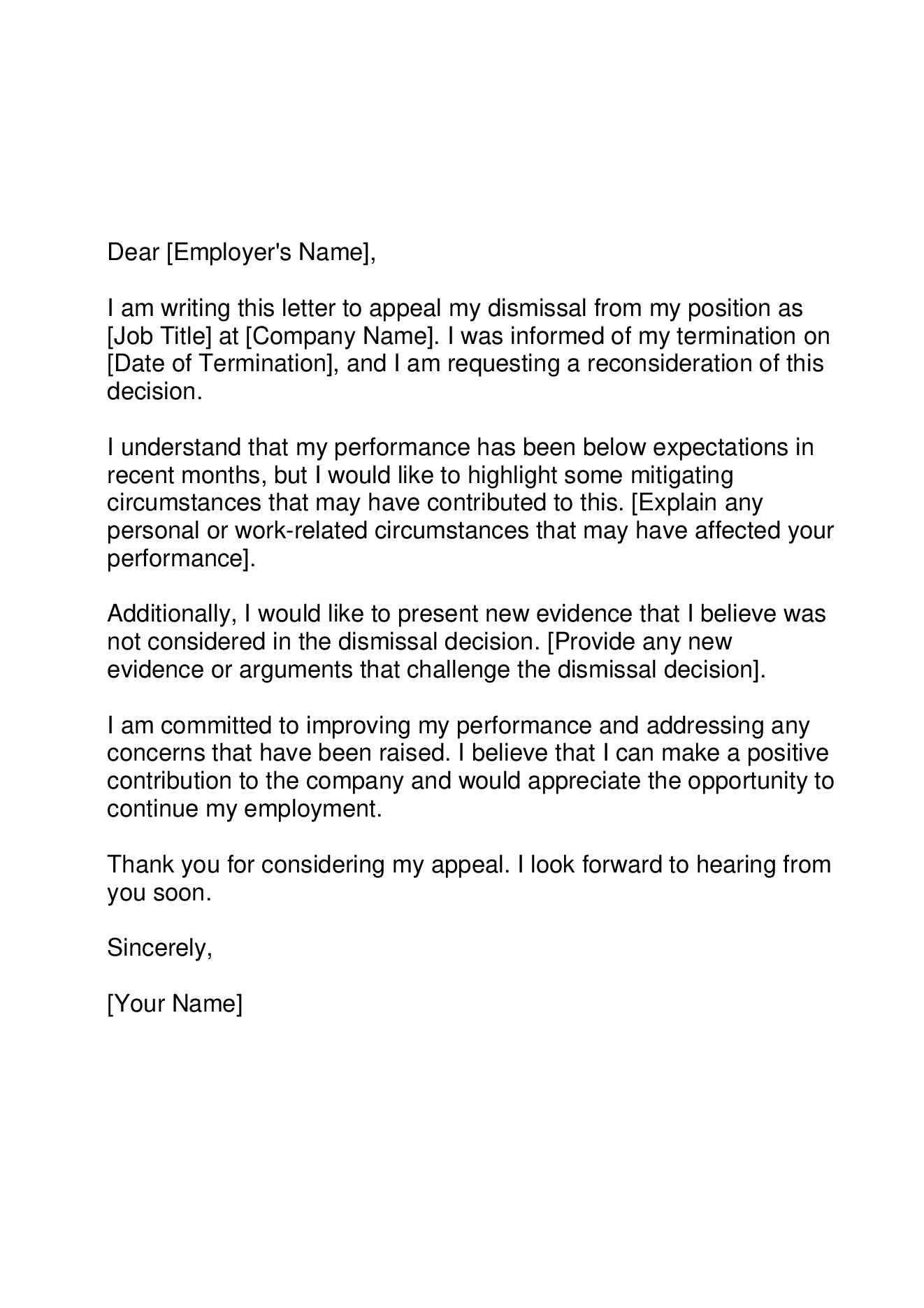 employee dismissal appeal letter template