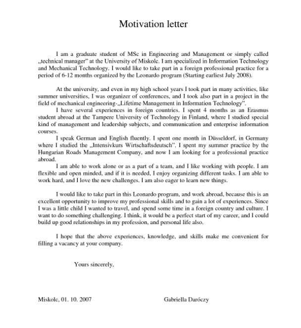 cv motivation letter template