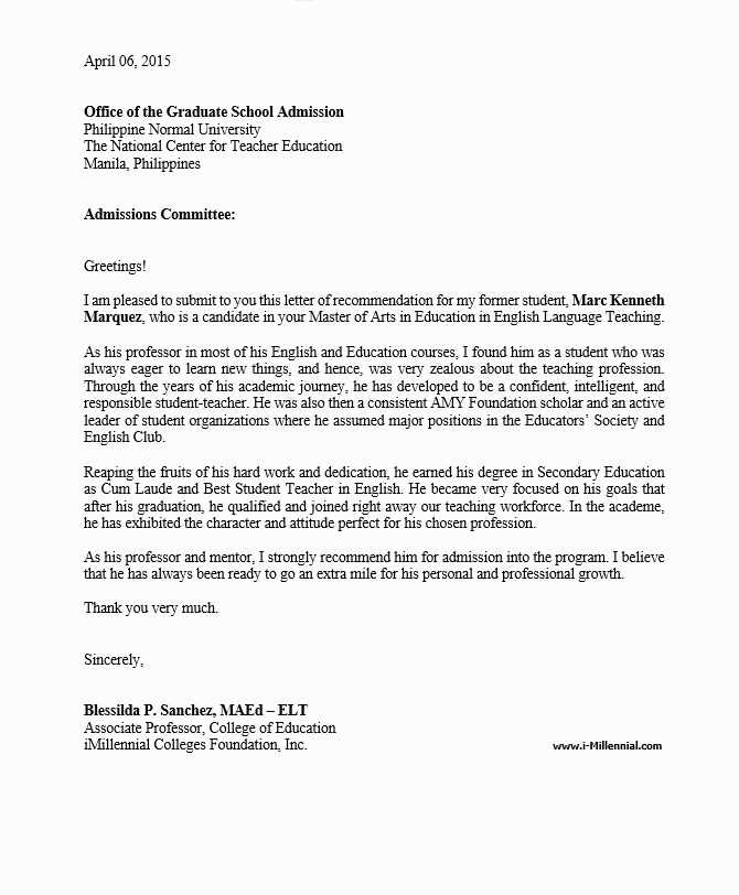 letter of recommendation template grad school