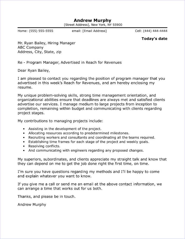 project manager cover letter template word