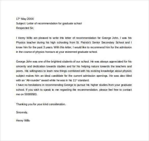 letter of recommendation grad school template