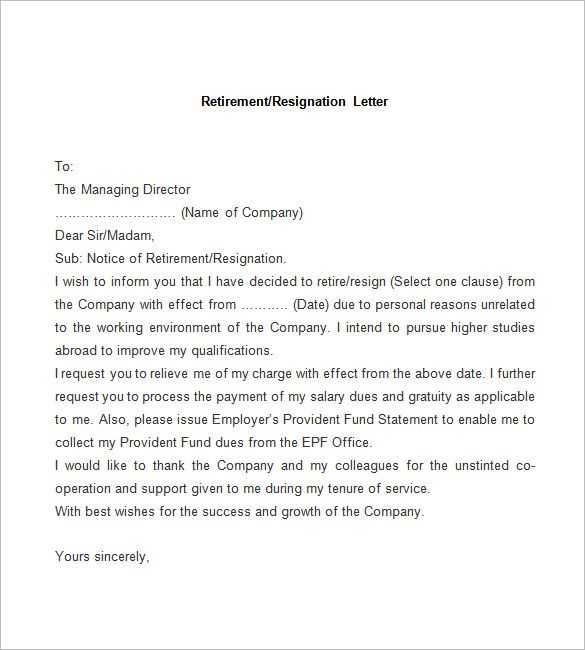 resignation retirement letter template