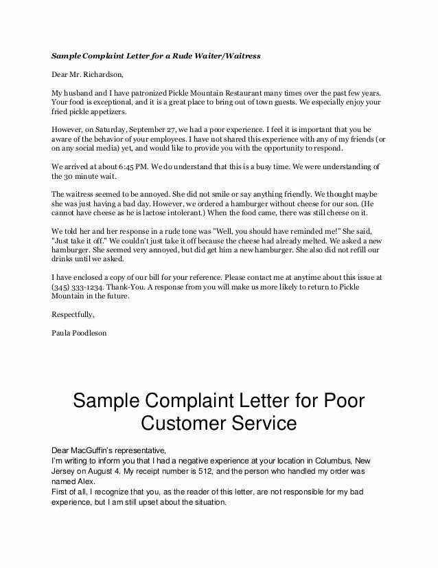 restaurant customer complaint response letter template