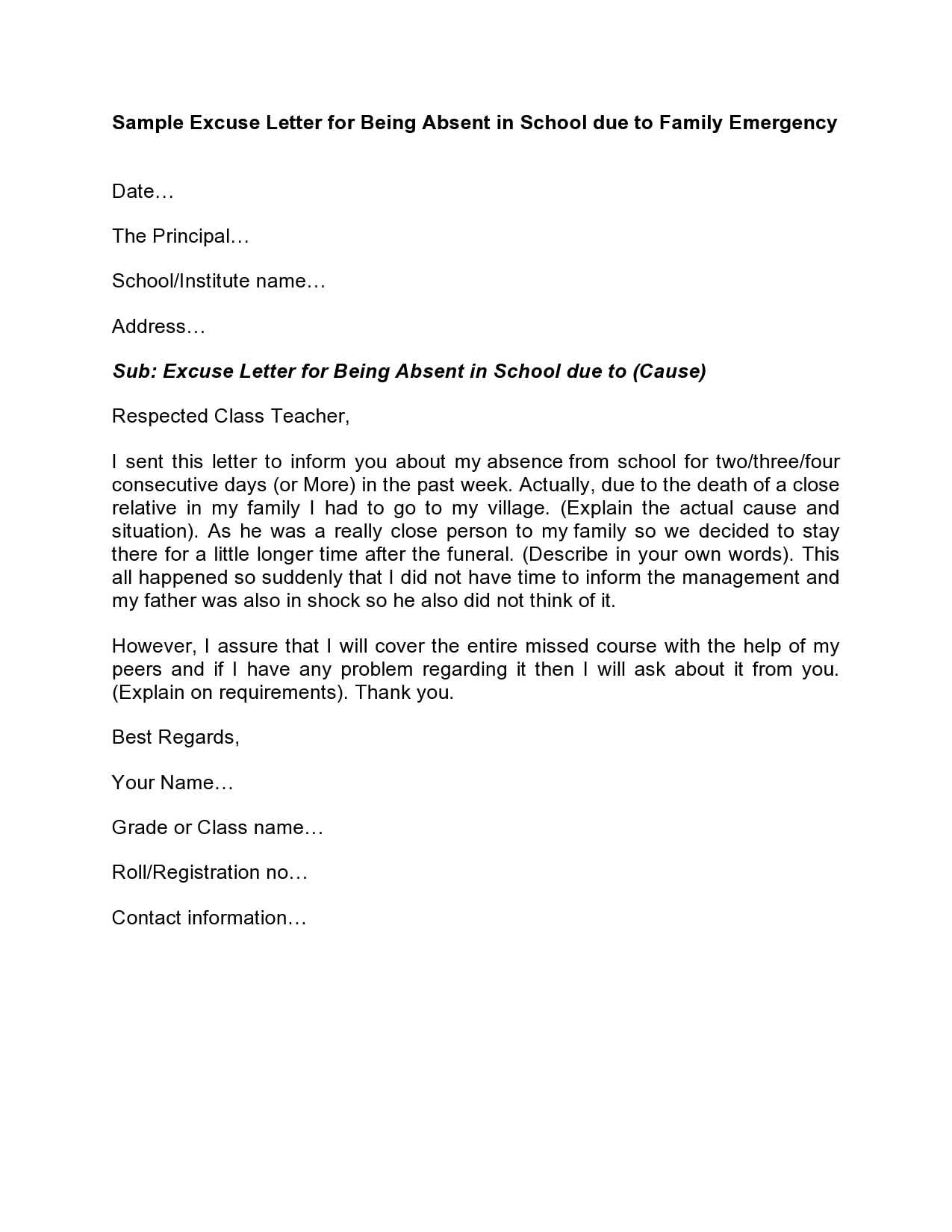 formal excuse letter template