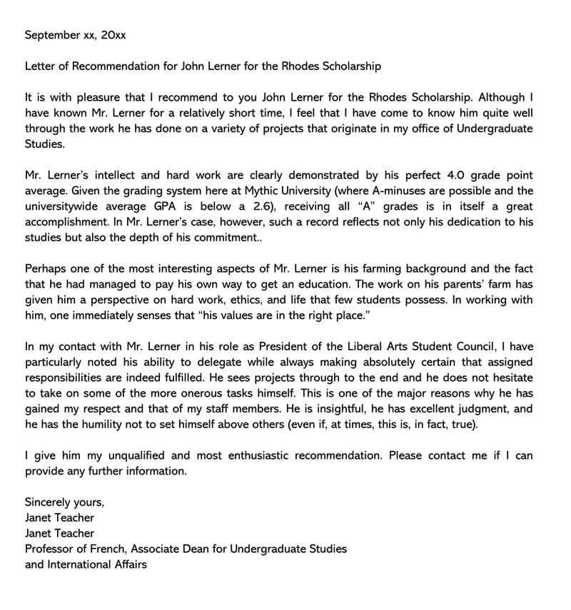 letter of recommendation education template