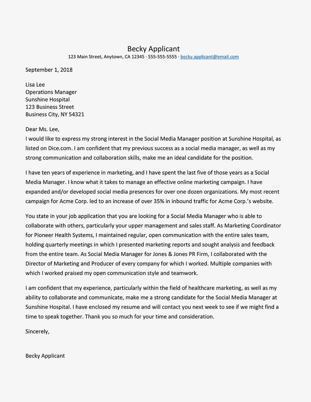 social media manager cover letter template