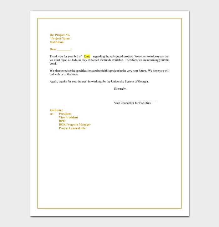 bid rejection letter template
