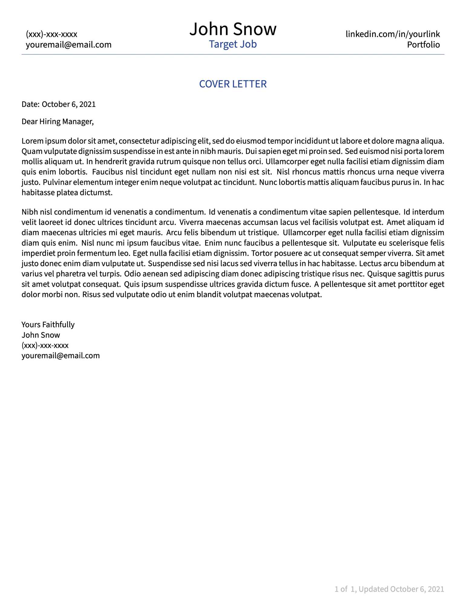 cover letter template overleaf