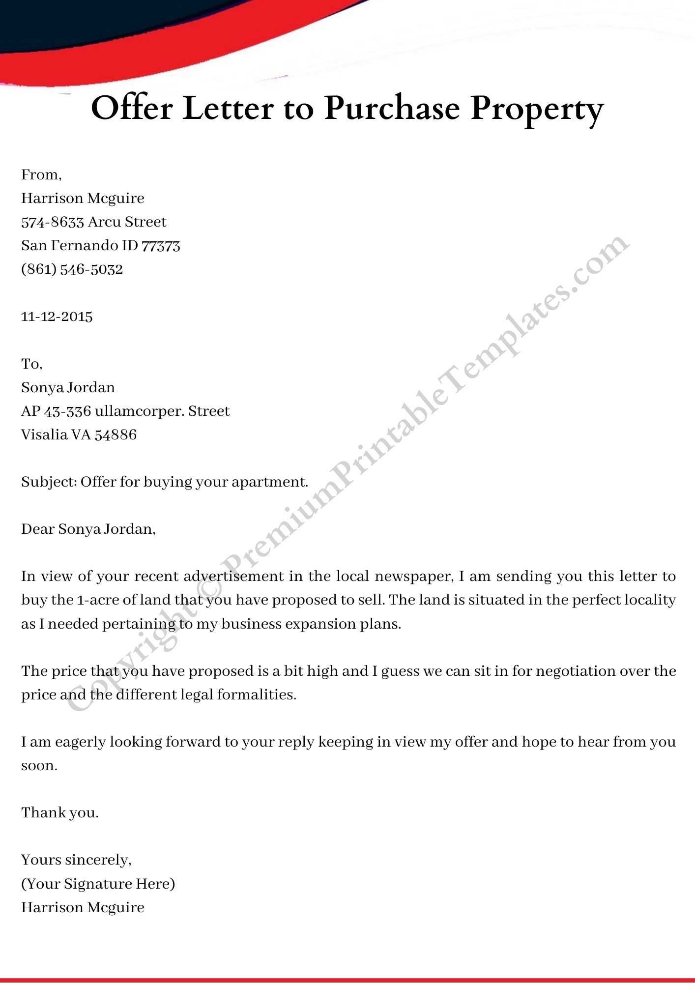 offer letter for home purchase template