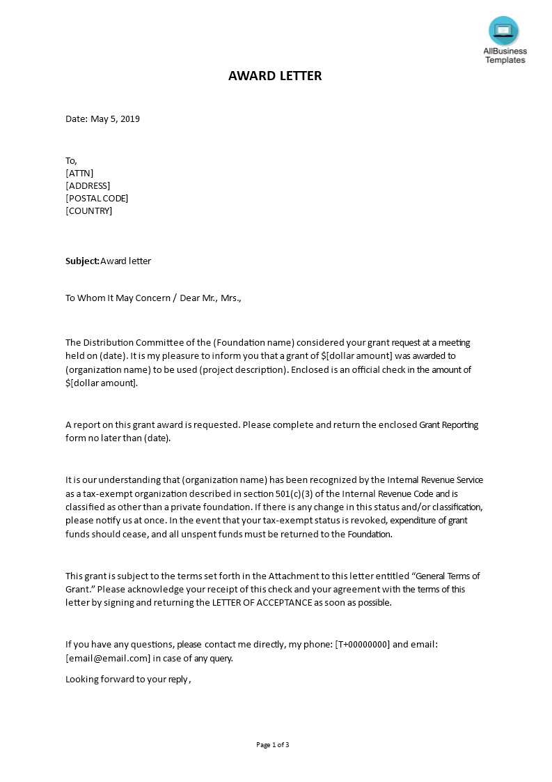 letter of support for award template