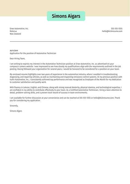 mechanic cover letter template