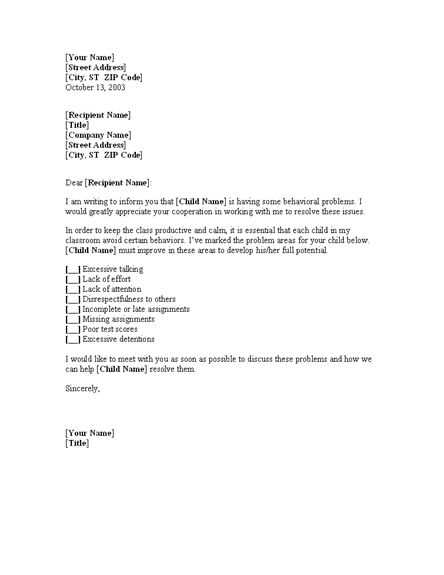 behavior letter to parents from teacher template