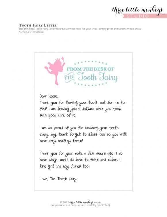 tooth fairy letter template word