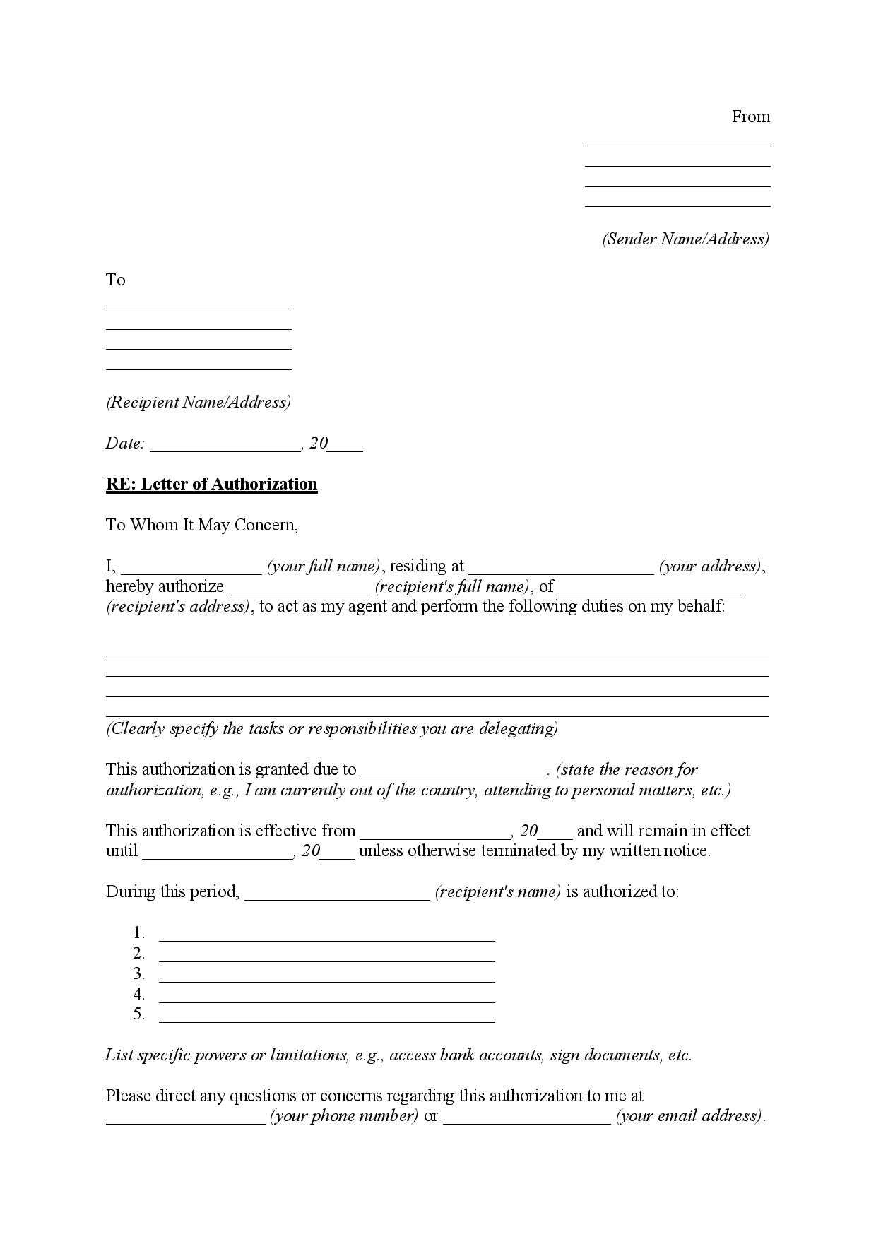 template authorization letter to process documents