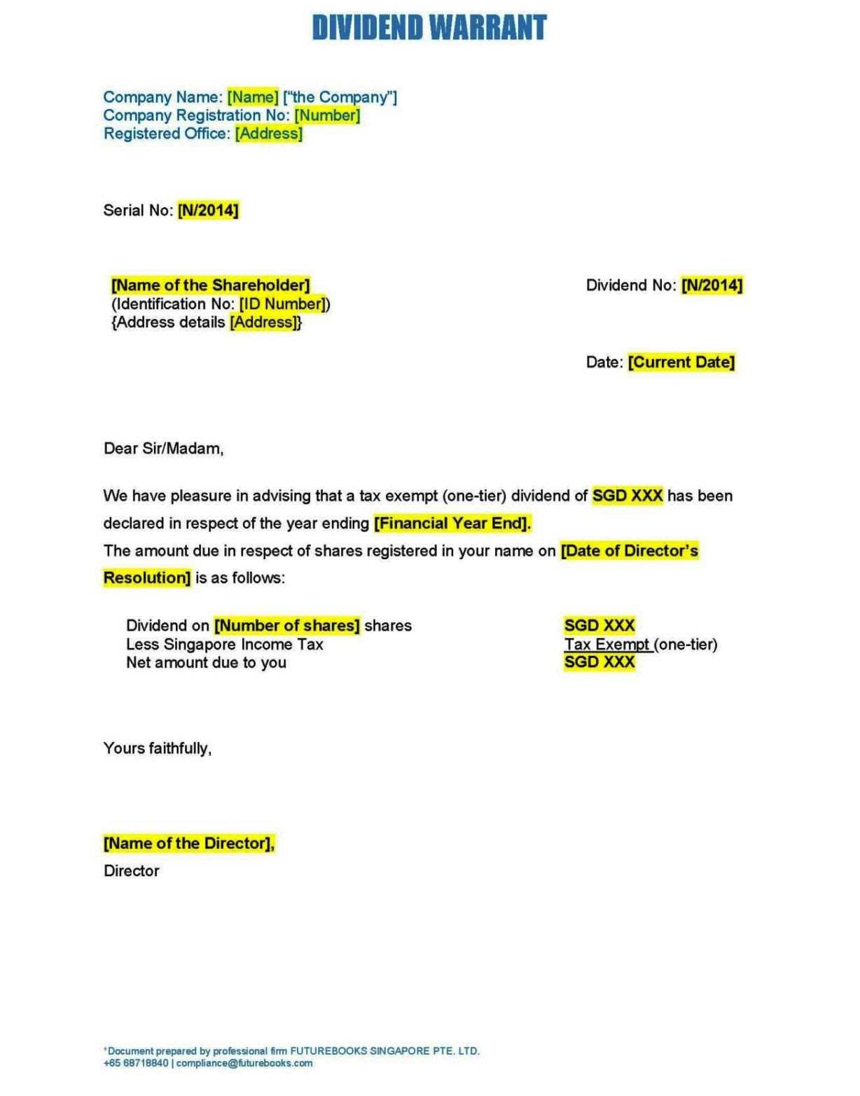 dividend payment letter template