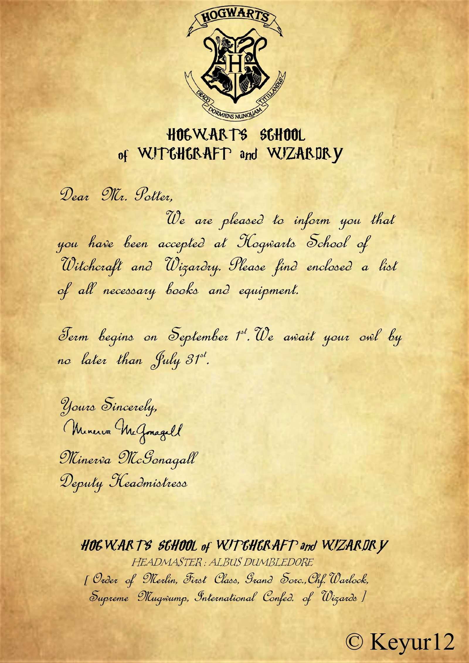 hogwarts acceptance letter template free printable