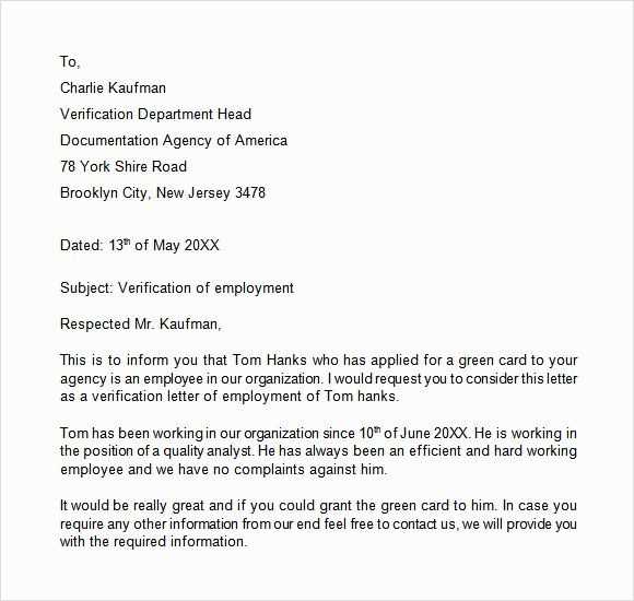 employment verification letter template for visa