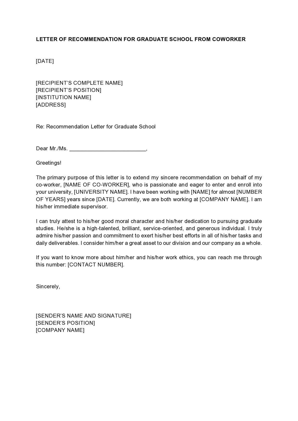 grad school letter of recommendation request template