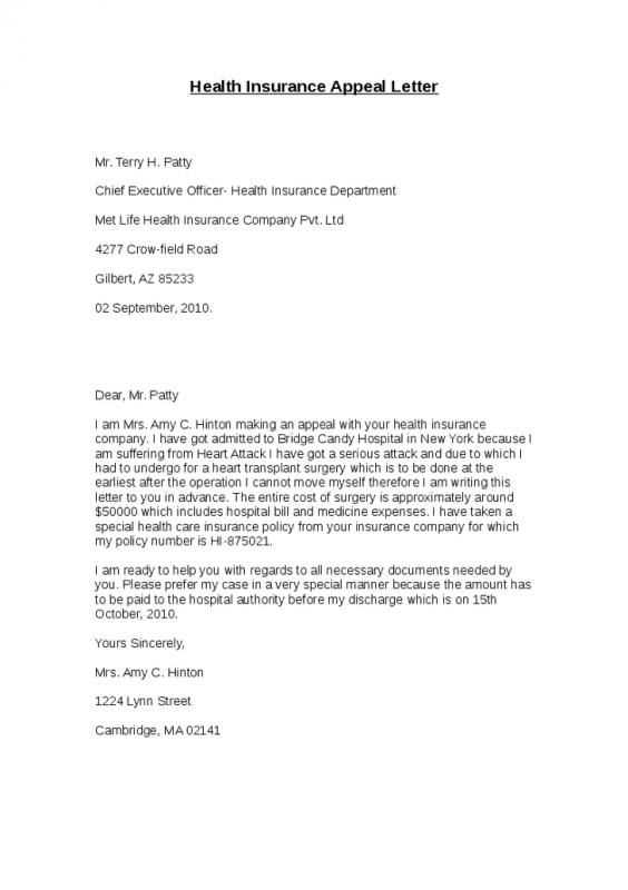 health insurance appeal letter template