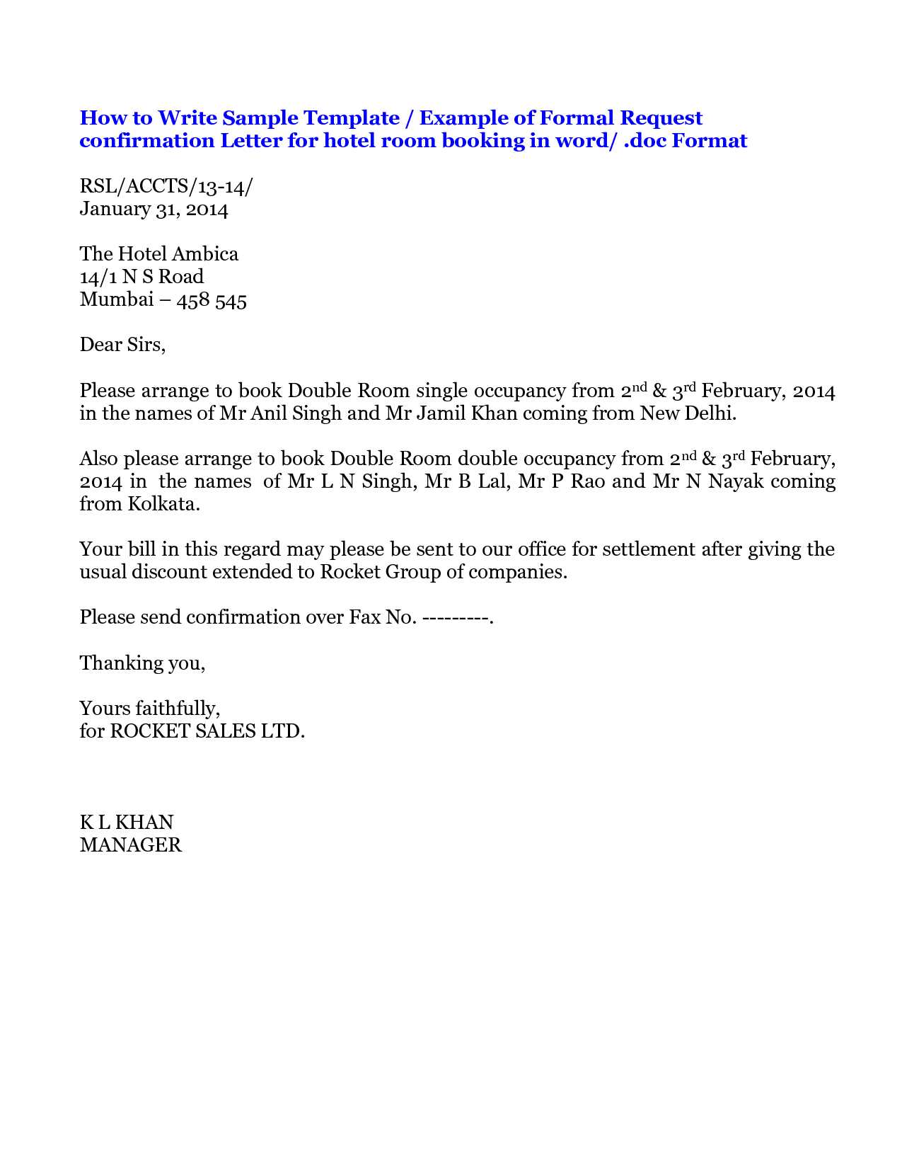 hotel booking confirmation letter template