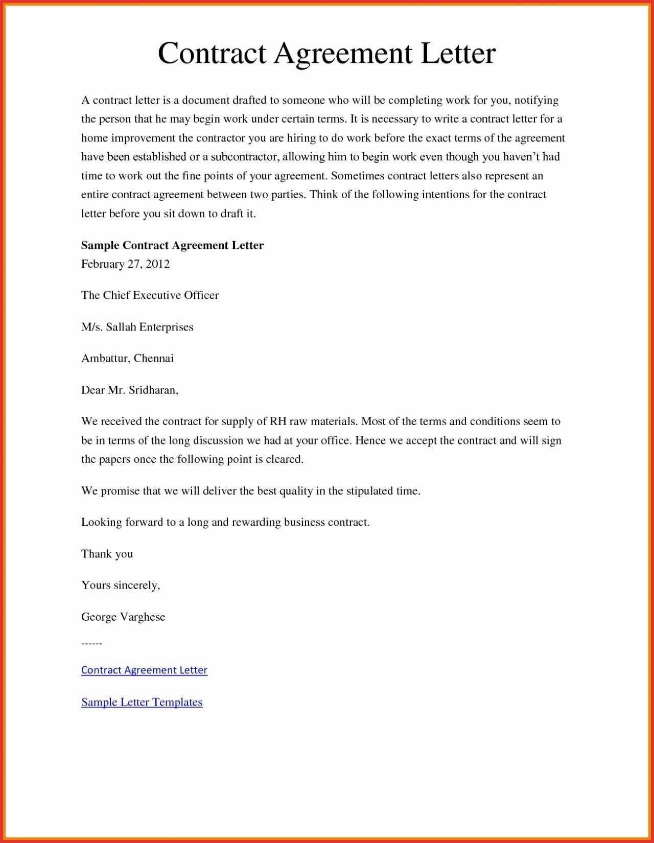 how to write an agreement letter template