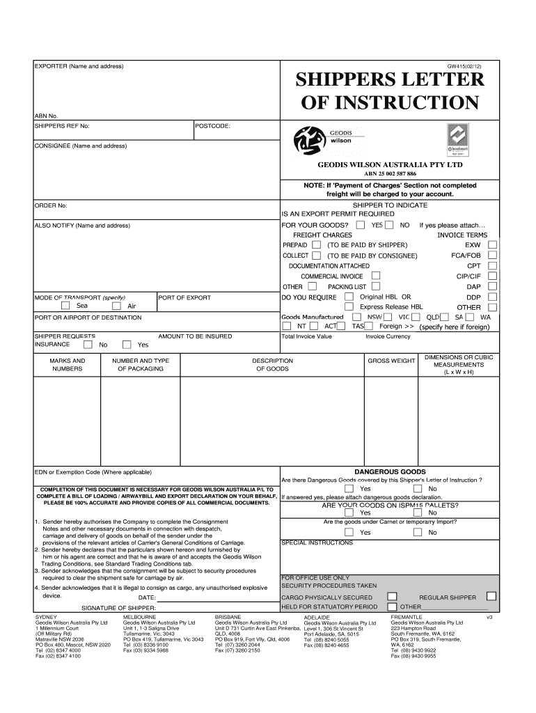 shippers letter of instruction template