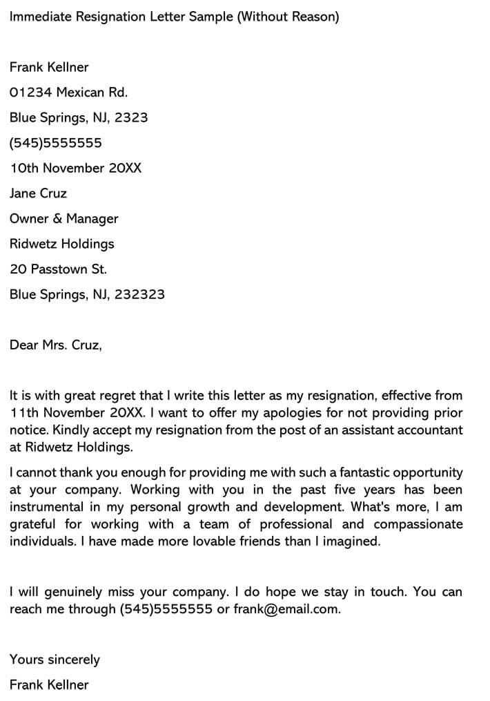 immediate resignation letter template free