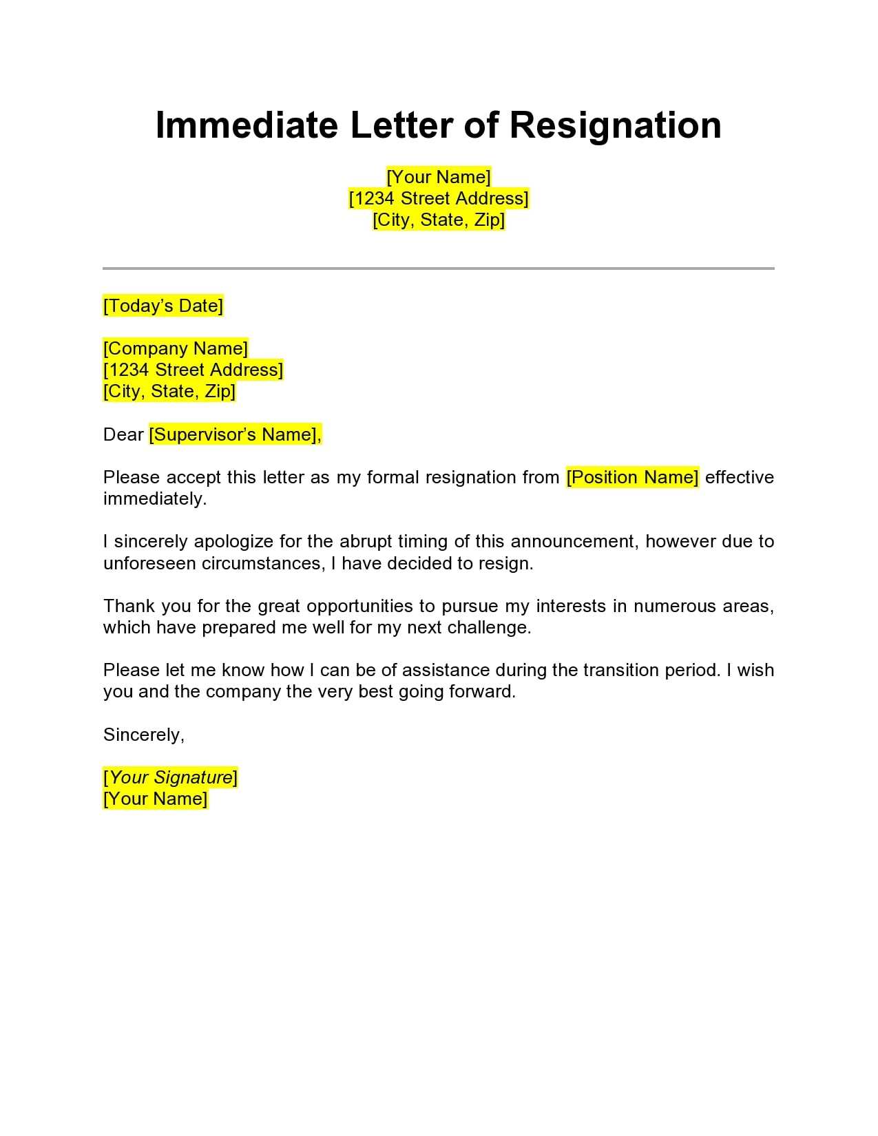 immediate resignation letter template