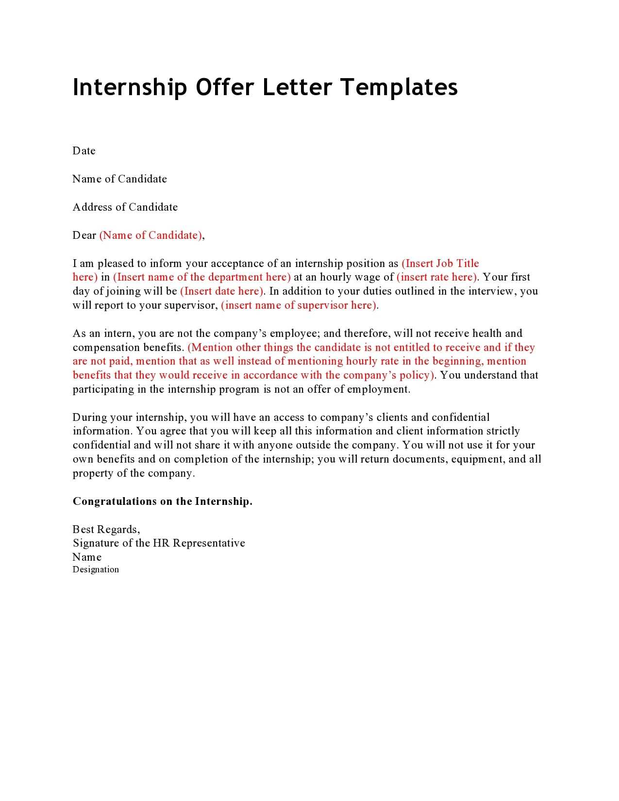 internship to full time offer letter template