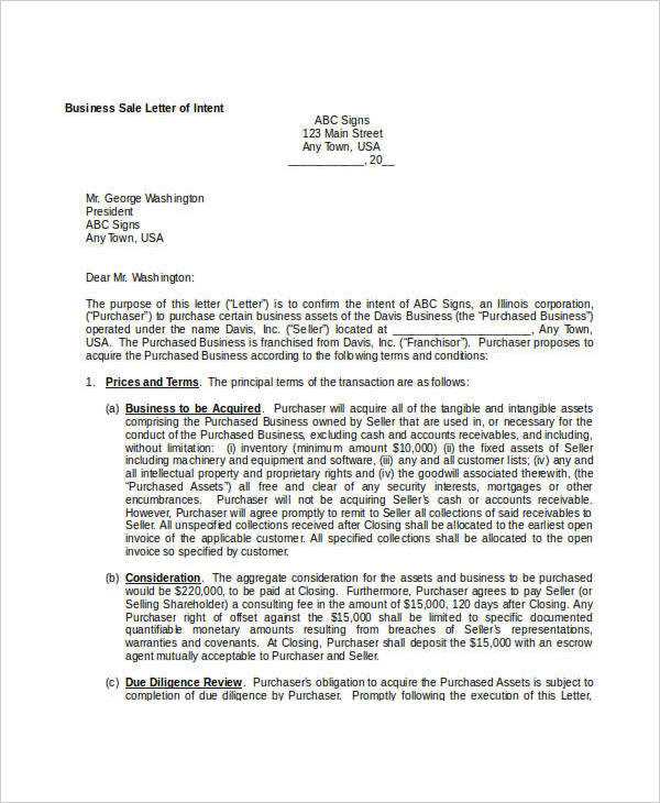 letter of intent to sell business template
