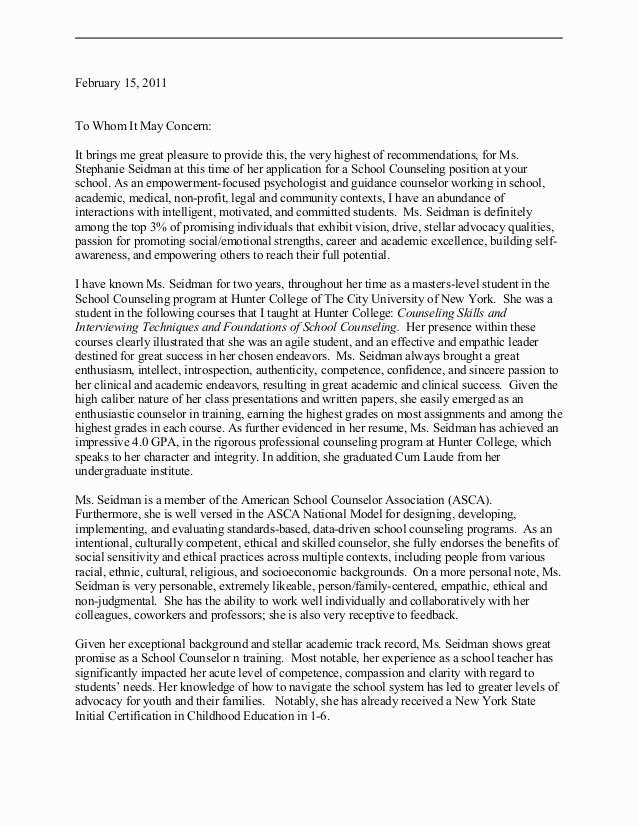 school counselor letter of recommendation template