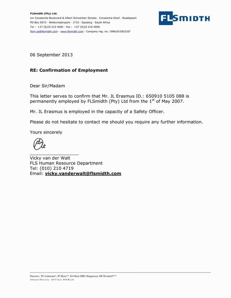 confirmation of employment letter template word