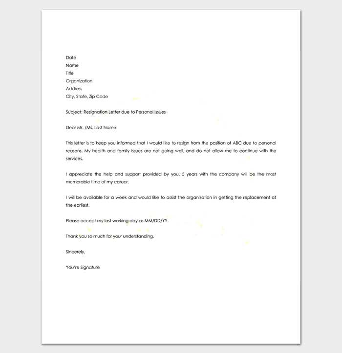 resignation letter due to health reasons template