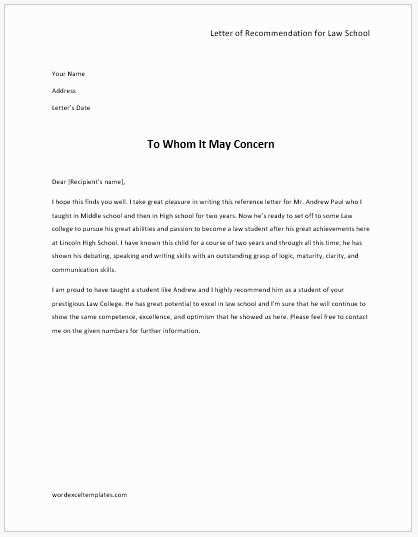 law school recommendation letter template