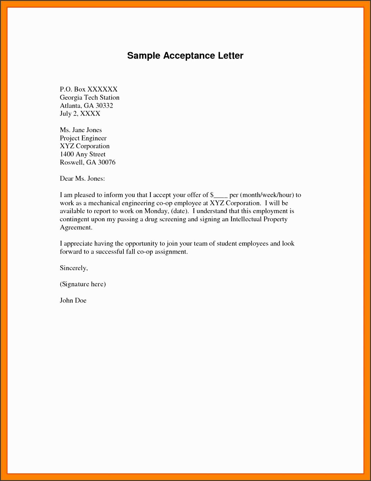 letter of acceptance ira template