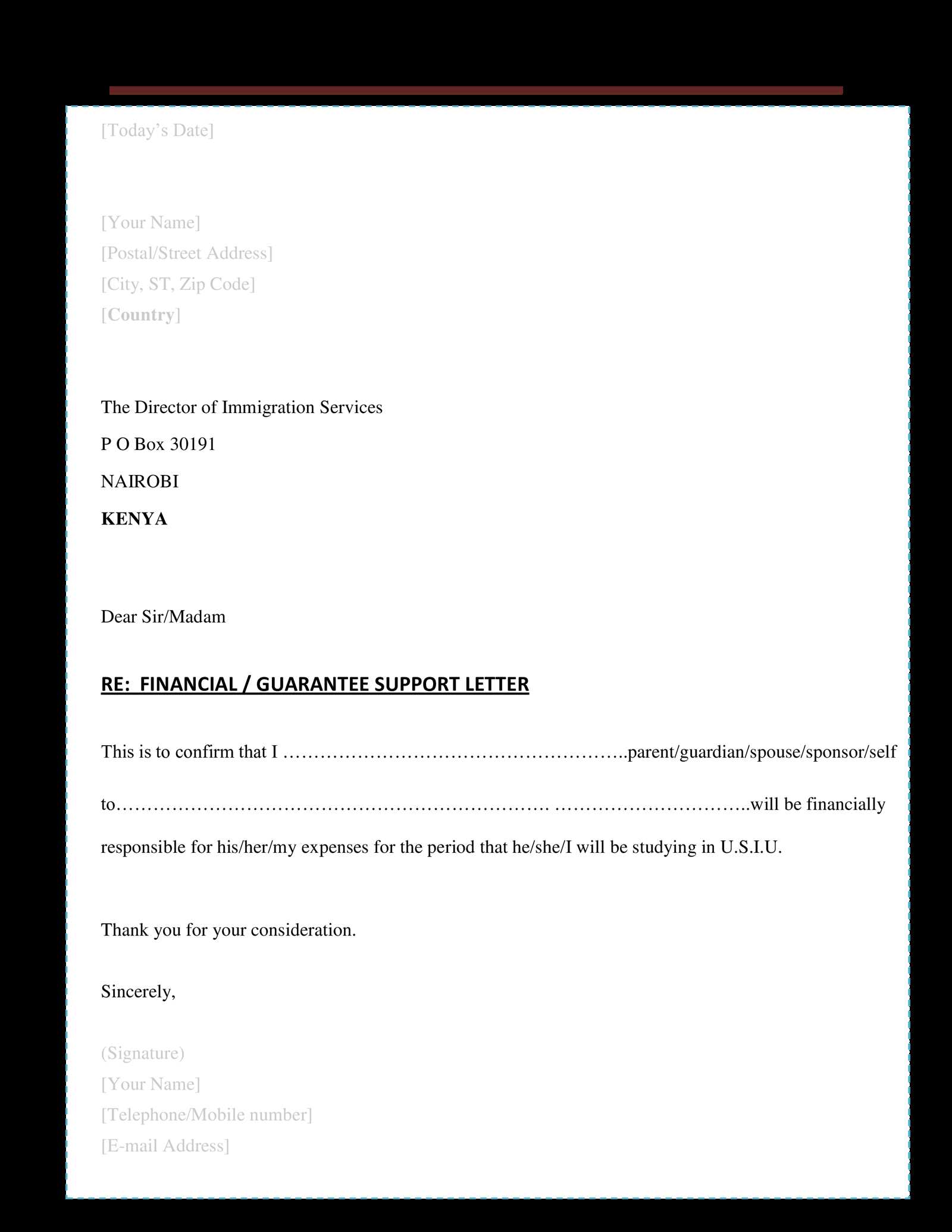 letter of financial support template