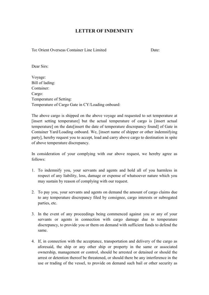 letter of indemnity template free