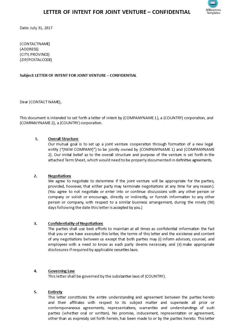 letter of intent for business venture template