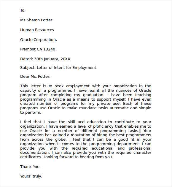 letter of intent free sample template