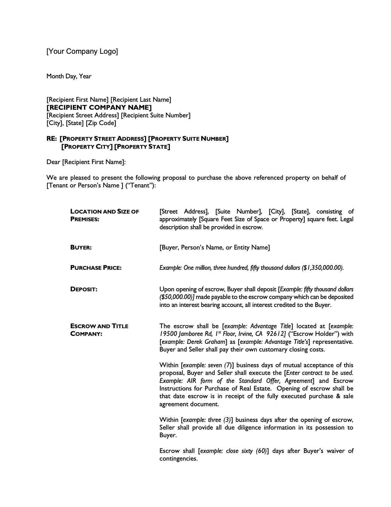 letter of intent template real estate lease