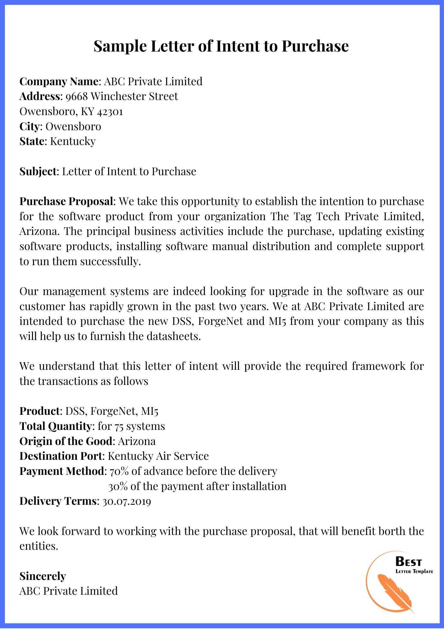 letter of intent to sell business template