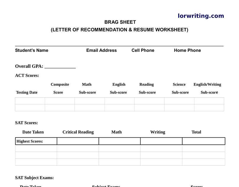 letter of recommendation brag sheet template