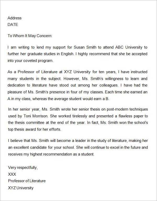 letter of recommendation graduate school template