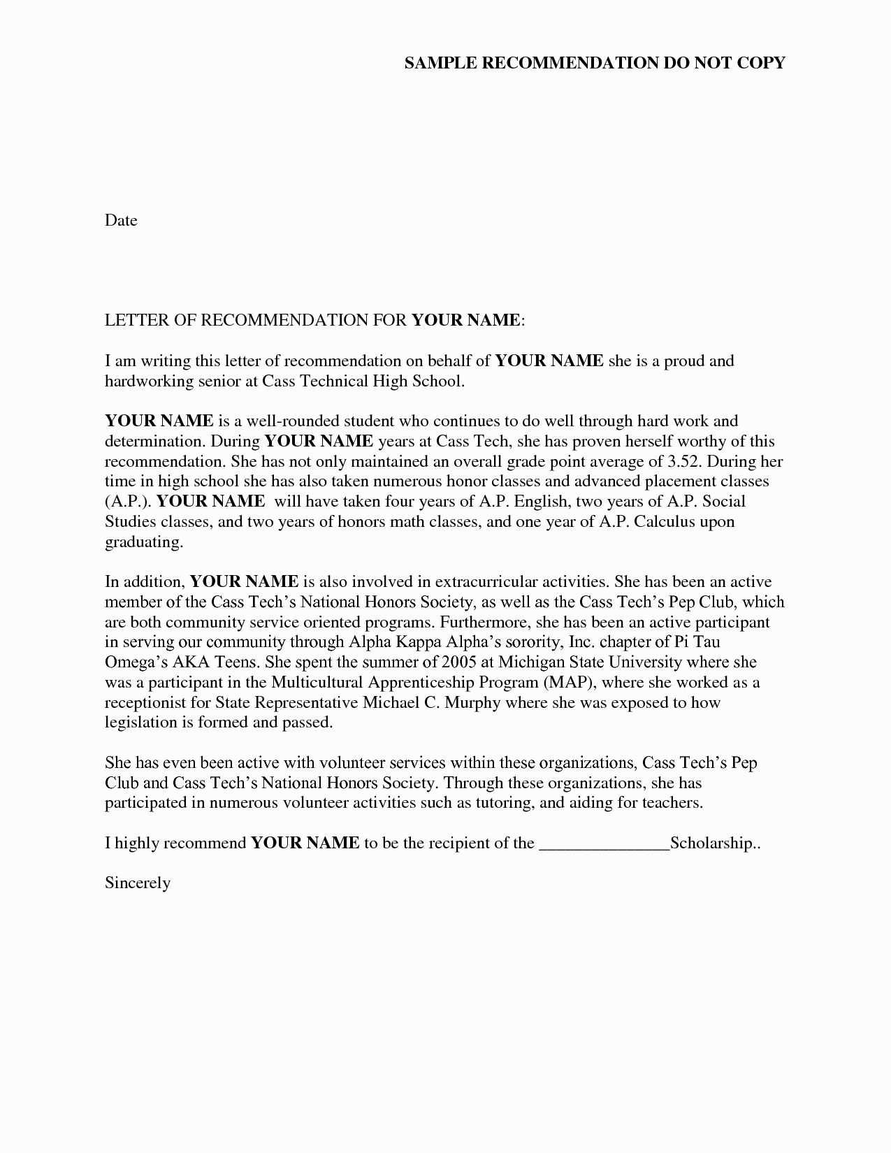 letter of recommendation national honor society template