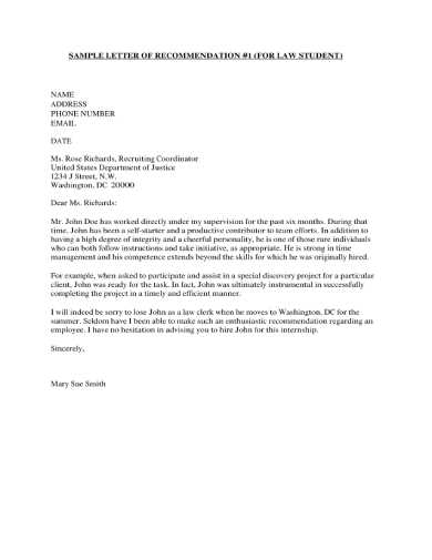 letter of recommendation template for law school