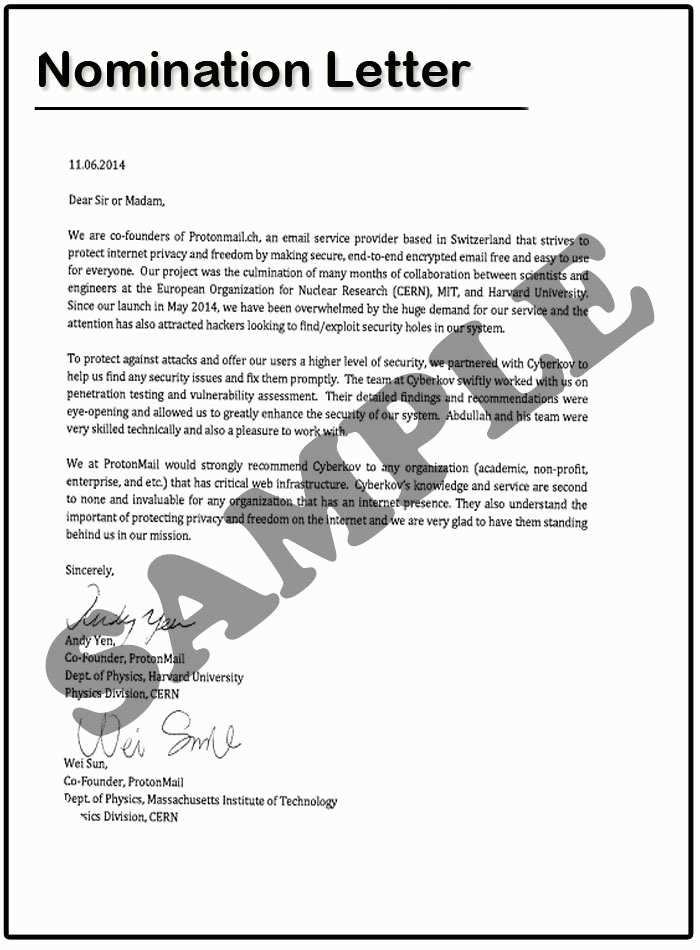 letter of support for award nomination template