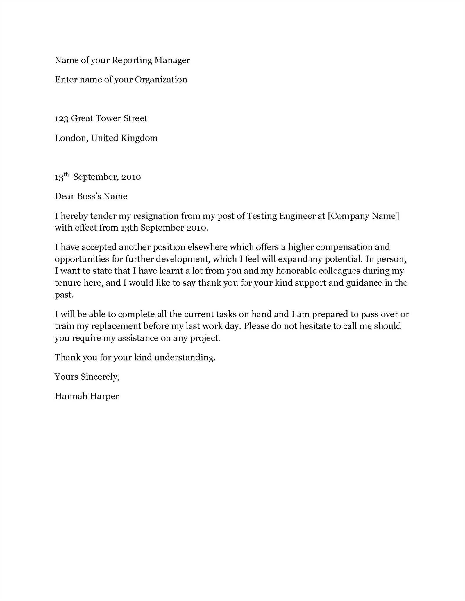 letter resignation template uk